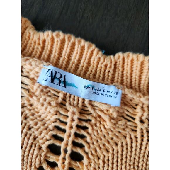 Zara Crochet Knit Women's Orange Flutter Sleeve V-Neck Button Front Top Sz Small - Picture 5 of 8